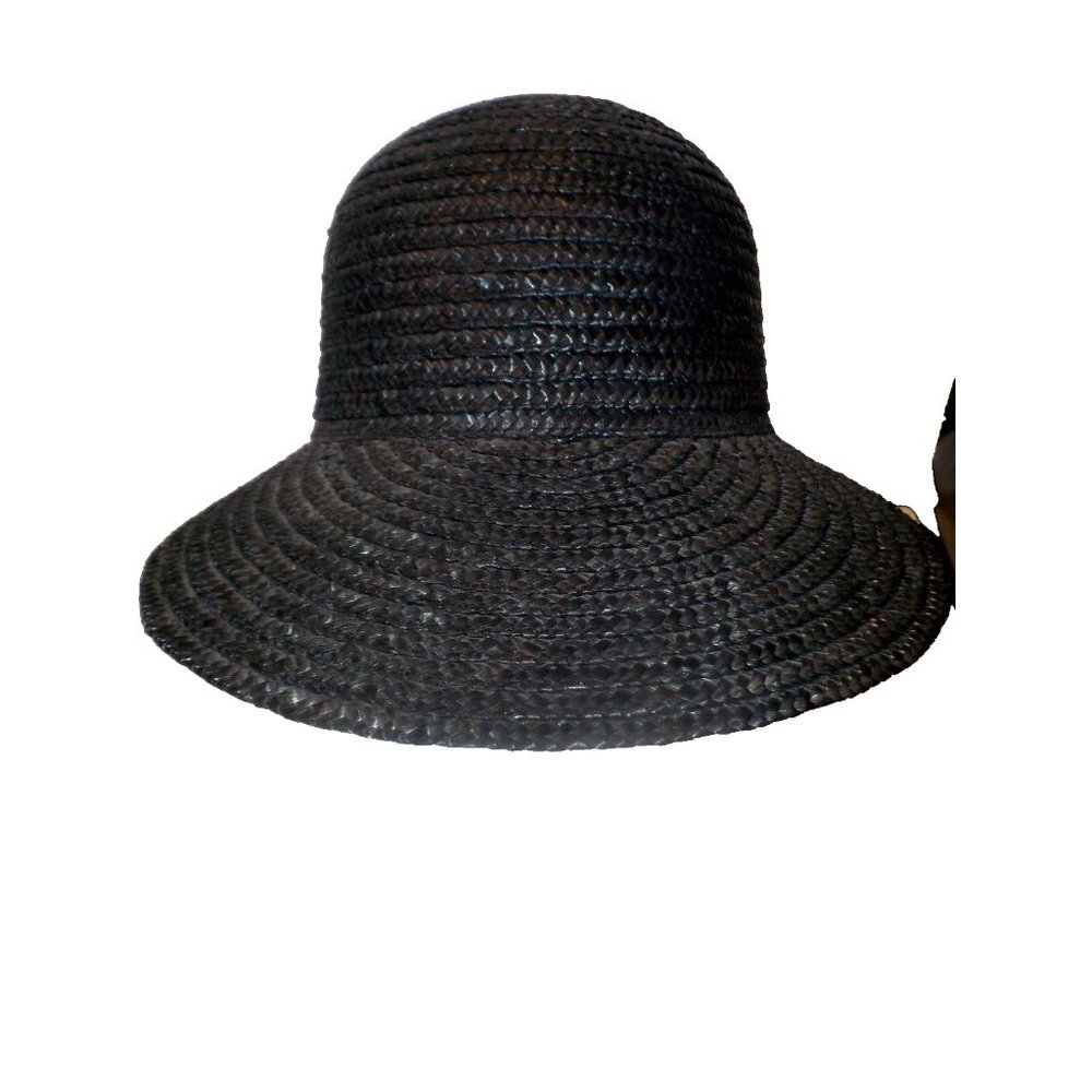 NWT August Womens 100% Natural Straw Beach Sun Hat Black w Bow Shimmer One Size